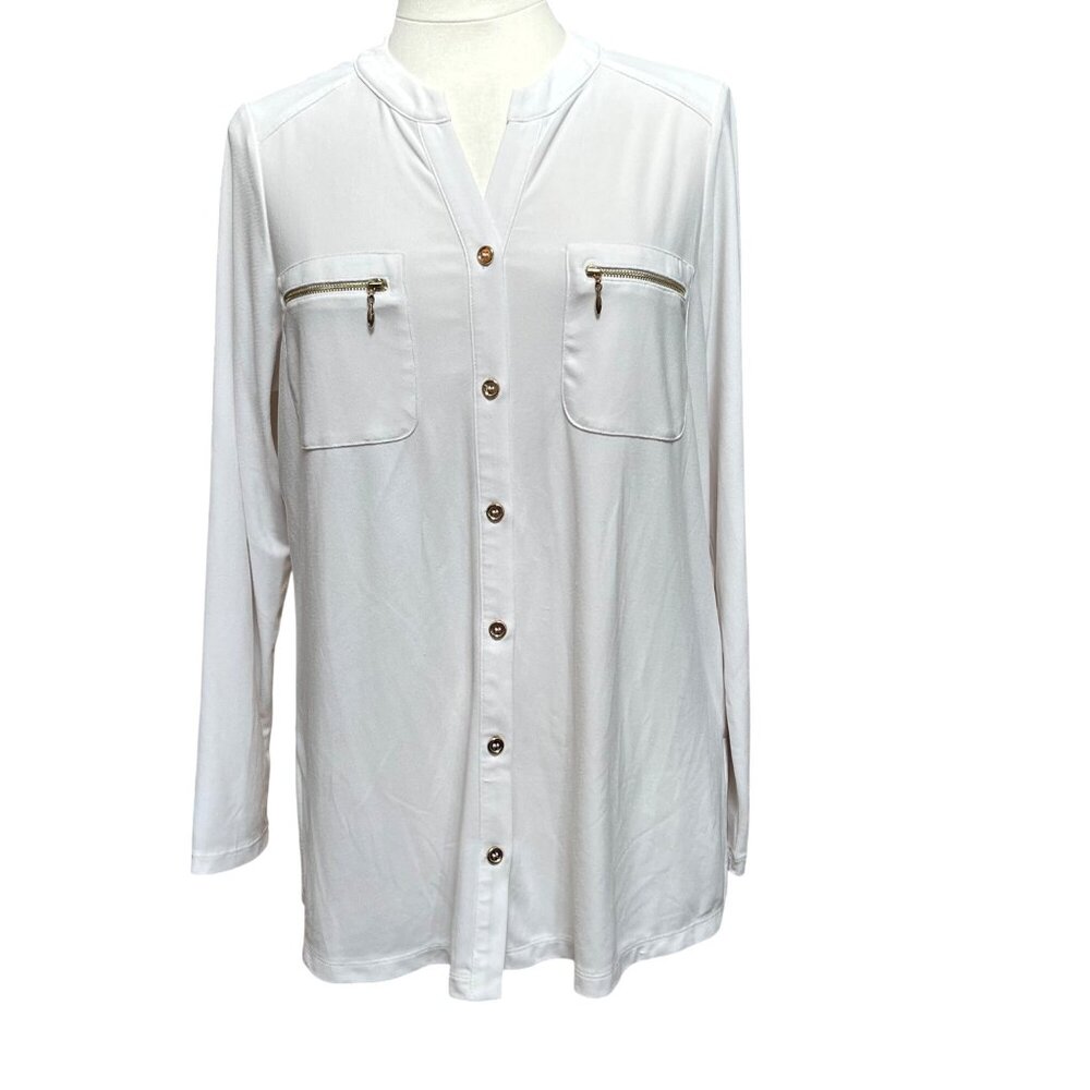 Susan Graver White Long Sleeve Button Up Top Liquid Knit Tunic Career XL‎